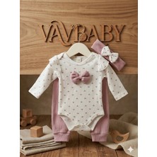 Vavbaby Kız Bebek Kalp Desenli Fiyonklu Çıtçıtlı Zıbın ve Bandanalı Alt Üst 3’lü Takım- Gül Kurusu