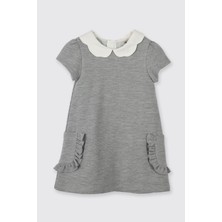 Panço Kız Bebek Yaka Detaylı Örme Gri-Melanj Elbise