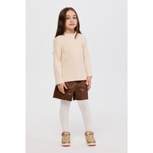 Panço Kız Çocuk Balıkçı Yaka Yumuşak Dokulu Uzun Kollu Bej Tişört