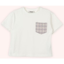 Panço Kız Çocuk Cep Detaylı Kısa Kollu Ekru Tişört