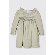 Panço Kız Bebek Gipe Detaylı Müslin Yeşil Elbise