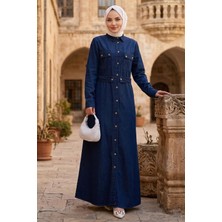 Hafsa Mina Düğmeli Denim Elbise Koyu Mavi HM2897