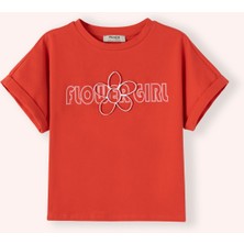 Panço Kız Çocuk Yazı ve Çiçek Baskılı Kırmızı Tişört