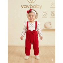 Vavbaby Kız Bebek Kalp Desenli Fırfırlı Body ve Kırmızı Fiyonklu Salopet Tulum ve Bandana Seti