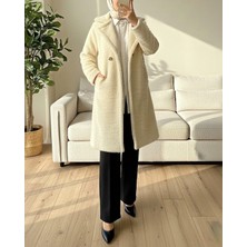 Modamorfo Çift Düğmeli Astarlı Yan Cepli Peluş Kaban -Açık Vizon