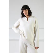 Ferraro Ekru Uzun Kollu Rahat Kesim Polo Yaka Kaşmirli Kadın Triko Kazak