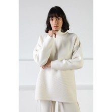 Ferraro Ekru Uzun Kollu Balıkçı Yaka Yanları Ip Detaylı Kaşmirli Kadın Triko Kazak