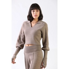 Ferraro Vizon Uzun Kollu Gömlek Yaka Modern Kesim Kaşmirli Kadın Triko Kazak