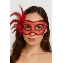 Paradise Sda Kırmızı Renk Yandan Tüylü Pul Payet Işlemeli Parti Maskesi 23X12 cm 4523