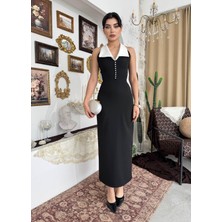 MBK Fashion Siyah Beyaz Yakalı Inci Detaylı Midi Abiye Elbise
