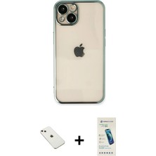 Cepte Toptan iPhone 14 Vadi Minimal - Şeffaf Pasifik Cam Ekran Koruyucu + Pembe Diamond Kamera Lens