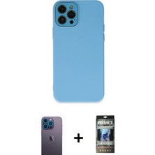 Cepte Toptan iPhone 12 Pro Çekirdek Modern Serisi - Siyah 34D Hayalet Izgaralı Cam + Mavi Neon Fosforlu Kamera Lens