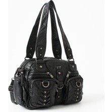 Duomino Yıkama Deri Siyah Çok Bölmeli Çapraz ve Omuz Çantası / Kol Çantası