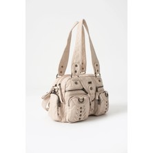 Duomino Yıkama Deri Krem Çok Bölmeli Çapraz ve Omuz Çantası / Kol Çantası