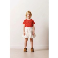 Magu Kız Çocuk Pamuklu Kırmızı Tişört Etek Takım - Beyaz Balon Etekli