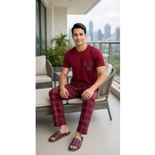 Sude Homewear Erkek Ekoseli Kısa Kollu Pijama Takımı Bordo Renkli Cep Detaylı 2 Parça Set