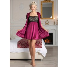 Uravas Store Fuşya Kadife Sabahlık &amp; Gecelik Takım 2' Li