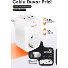 Fulltech Ftr-24 Çoklu Duvar Prizi 16A 3680W Beyaz | 2x Usb-C + 1x Usb-A Şarjlı Priz | Akım Korumalı (Surge Protection) Akıllı Priz