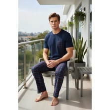 Sude Homewear Erkek Ekoseli Kısa Kollu Pijama Takımı Regular Silüet ve Cep Detaylı Lacivert