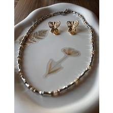 Mimoza Accessories Kelebek Zarafet Kolye & Küpe Seti (Inci Detaylı Çelik)
