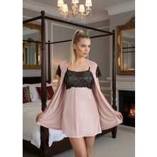 Uravas Store Pudra Kadife Sabahlık &amp; Gecelik Takım 2' Li