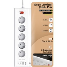Fulltech FTR-26 Akım Korumalı Priz Beyaz 9’lu (5 Priz + 2 USB-A + 2 USB-C) 3680W 16A, 2 Metre Kablolu, Gece Lambalı Çoklu Priz