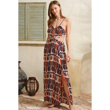 Aria's Closet Arias Closet Boyundan Bağlamalı V Yaka Kadın Viskon Geometrik Yazlık Ip Detaylı Elbise