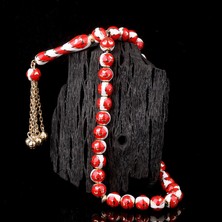 İskender Tesbih Kırmızı Beyaz Üç Hilal Işlemeli Altın Tesbih