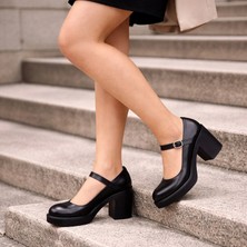 TwoEgoist Kadın  Deri Kalın Topuklu Bantlı Günlük Ayakkabı / Mary Jane Shoes