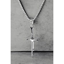Ak Store Silver Erkek, Narsil Gücün Efendisi Aragon Kılıcı Kırık Kılıç Figürlü K-101 Paslanmaz Kromix Çelik Gümüş Kaplama Kolye Madalyon