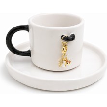 Pitaya Sanat El Yapımı Seramik Tasarım Türk Kahvesi Fincanı - Siyah Saplı, Kedi, Pati ve Balık Kılçığı Figürlü Gold Detaylı Fincan Takımı