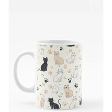 Weiler Riger Minimalist Sevimli Kedi ve Pati Illüstrasyon Desenli Premium Porselen Kupa Bardak WR009