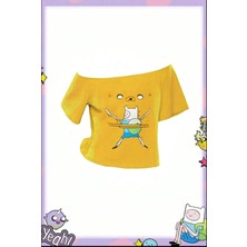 Sarı Adventure Time Düşük Omuzlu Y2K Street Tam Boy T-Shirt