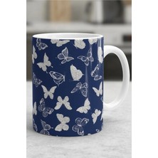 Weiler Riger Gece Mavisi Üzeri Işıltılı Gümüş Kelebek Desenli Şık Porselen Kupa Bardak WR008