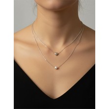 Atalya Accessory Minimal Kalp ve Incili Çift Katlı Kadın Çelik Kolye