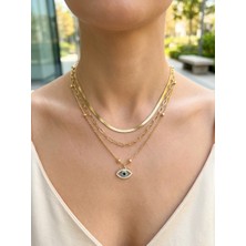 Museum Of You Gold Renk 3’lü Kombin Kolye - Italyan Ezme Zincir Nazar Boncuğu Detaylı Vip Seri Kolye