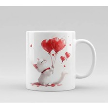 Weiler Riger Beyaz Kedi ve Kırmızı Kalp Balon Figürlü Hediye Kupa Bardak WR-CAT03