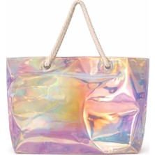 Kadın Hologram- Su Geçirmez -Fermuarlı -Şeffaf Plaj Çantası- 45*35 Cm- Kol ve Omuz Çantası