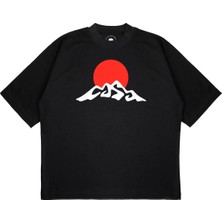 Pure Effect Unisex Oversize Kırmızı Dağ Baskılı Boxy Fit Kalın Kumaşlı T-Shirt