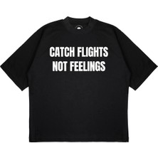 Pure Effect Unisex Oversize Catch Flıght Baskılı Boxy Fit Kalın Kumaşlı T-Shirt