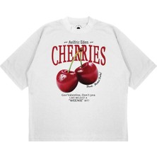 Pure Effect Unisex Oversize Cherries Baskılı Boxy Fit Kalın Kumaşlı T-Shirt
