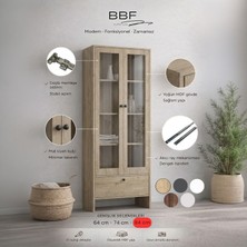 BBF Furniture Modern Design %100 Mdf, Cam Kapaklı 84 cm Vitrin ve Kitaplık – 5 Raflı, Çekmeceli, Çok Amaçlı Dolap | Modern Tasarım
