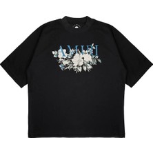 Pure Effect Unisex Oversize Mavı Yazılı Çiçek Logo Baskılı Boxy Fit Kalın Kumaşlı (240GSM) T-Shirt