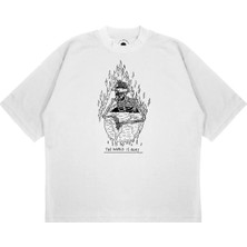 Pure Effect Unisex Oversize Flame Iskelet Baskılı Boxy Fit Kalın Kumaşlı T-Shirt