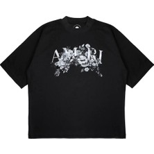 Pure Effect Unisex Oversize Çiçekli Yazı Baskılı Boxy Fit Kalın Kumaşlı (240GSM) T-Shirt