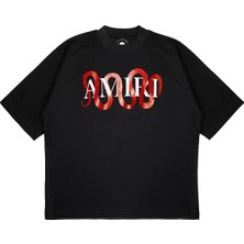 Pure Effect Unisex Oversize Buzgulu Yılan On Logo Baskılı Boxy Fit Kalın Kumaşlı (240GSM) T-Shirt