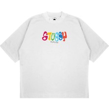 Pure Effect Unisex Oversize Stussy Rengarenk Baskılı Boxy Fit Kalın Kumaşlı (240GSM) T-Shirt