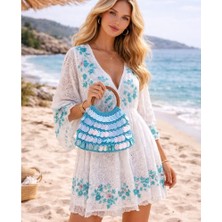 By Lily Ahşap Saplı Mavi Pullu Çanta