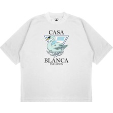 Pure Effect Unisex Oversize Casablanca Kuğu Baskılı Boxy Fit Kalın Kumaşlı (240GSM) T-Shirt