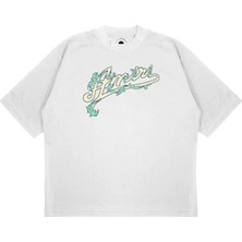 Pure Effect Unisex Oversize Dallı Logo Yazı Baskılı Boxy Fit Kalın Kumaşlı (240GSM) T-Shirt